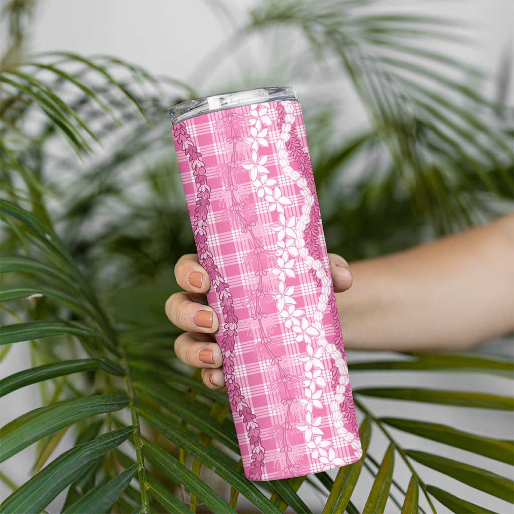 Hawaiian Ohia Lehua Lei Skinny Tumbler Plaid Palaka Akala Pattern - Polynesian Pride