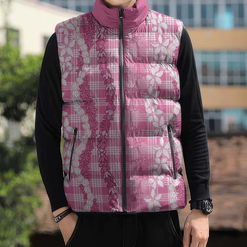 Hawaiian Ohia Lehua Lei Sleeveless Puffer Jacket Plaid Palaka Akala Pattern - Polynesian Pride