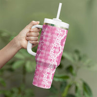 Hawaiian Ohia Lehua Lei Tumbler With Handle Plaid Palaka Akala Pattern - Polynesian Pride