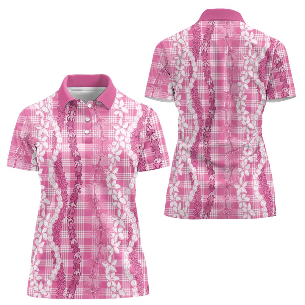 Hawaiian Ohia Lehua Lei Women Polo Shirt Plaid Palaka Akala Pattern - Polynesian Pride