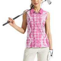 Hawaiian Ohia Lehua Lei Women Sleeveless Polo Shirt Plaid Palaka Akala Pattern - Polynesian Pride