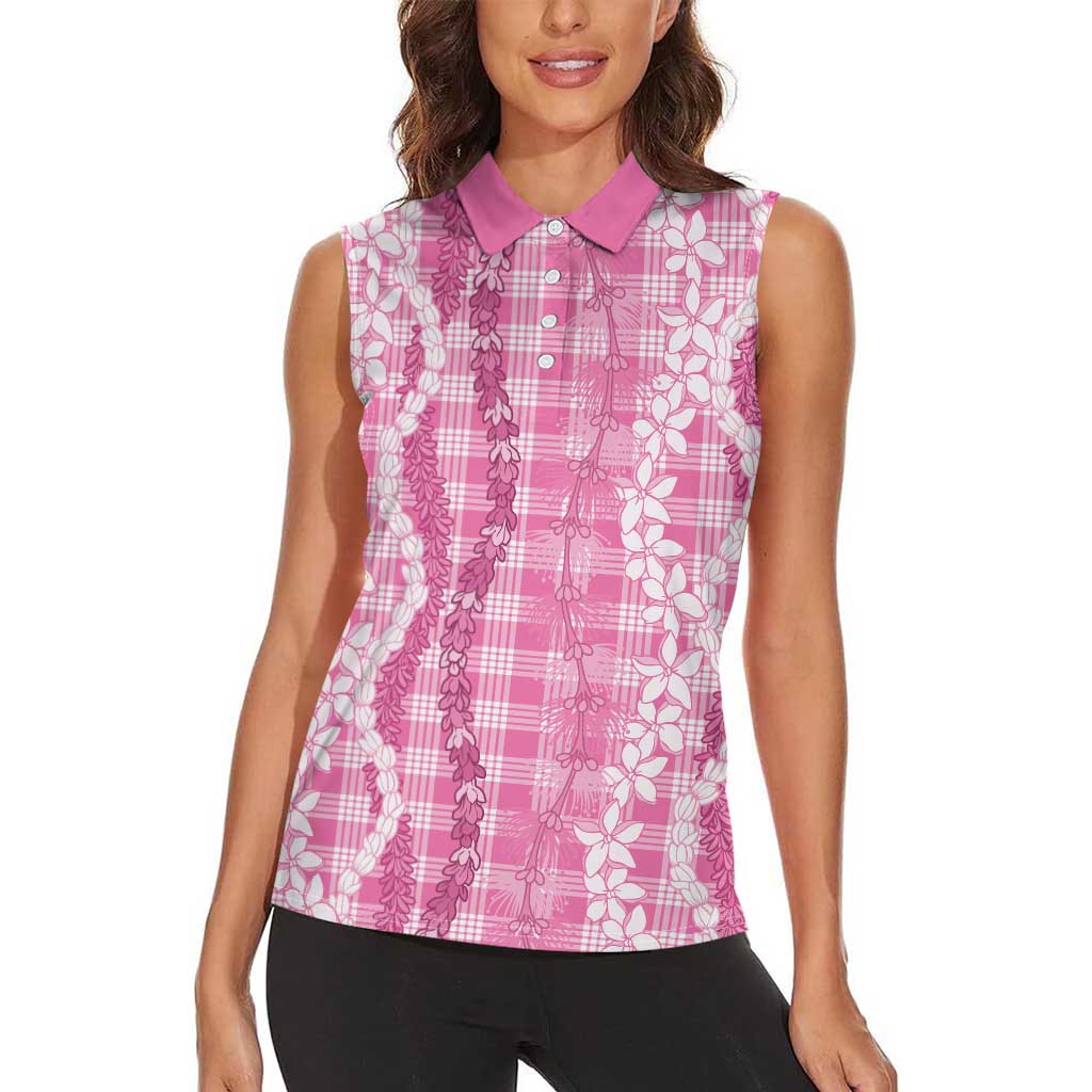 Hawaiian Ohia Lehua Lei Women Sleeveless Polo Shirt Plaid Palaka Akala Pattern - Polynesian Pride