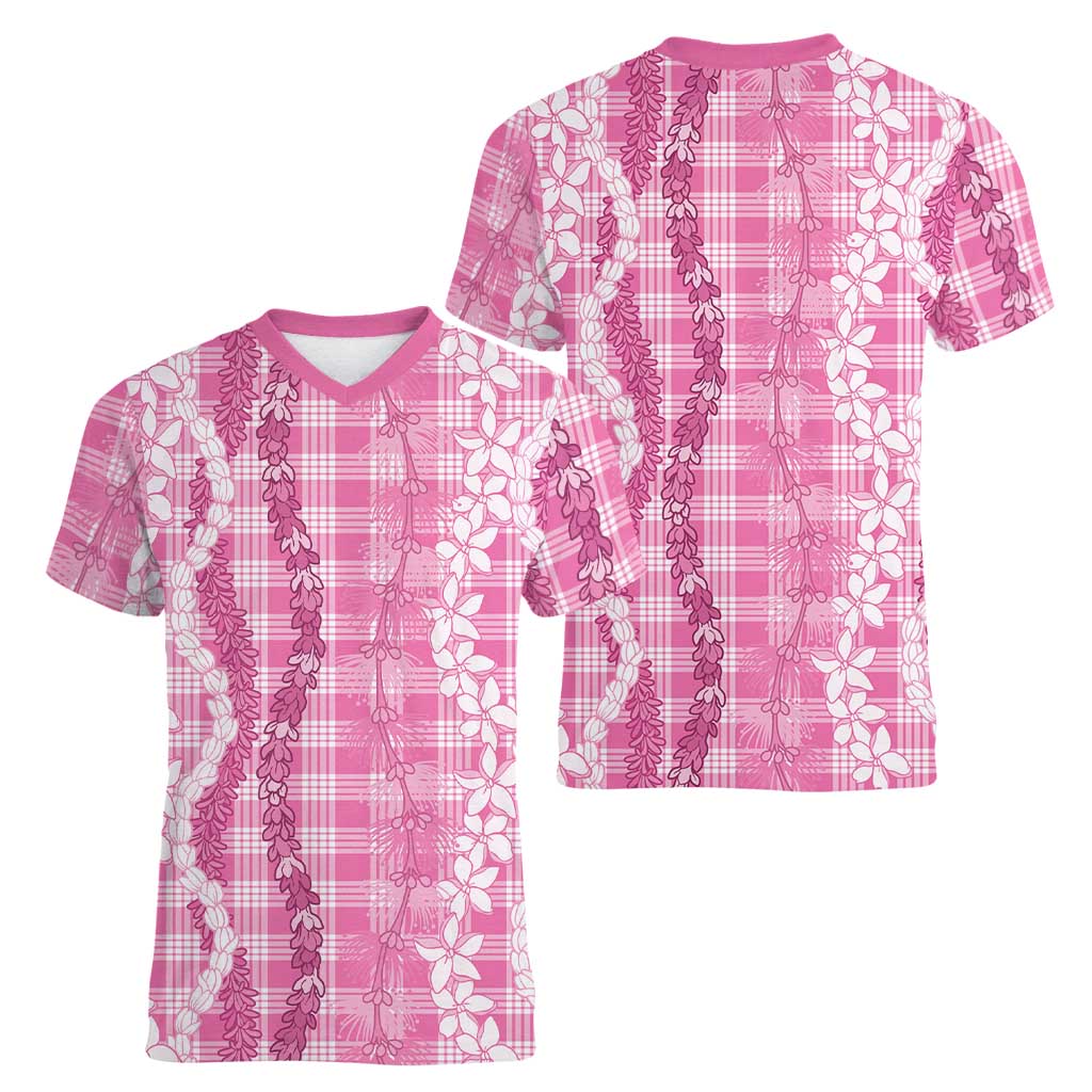 Hawaiian Ohia Lehua Lei Women V-Neck T-Shirt Plaid Palaka Akala Pattern - Polynesian Pride