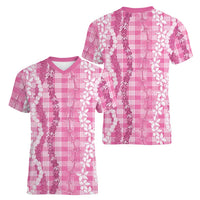 Hawaiian Ohia Lehua Lei Women V-Neck T-Shirt Plaid Palaka Akala Pattern - Polynesian Pride