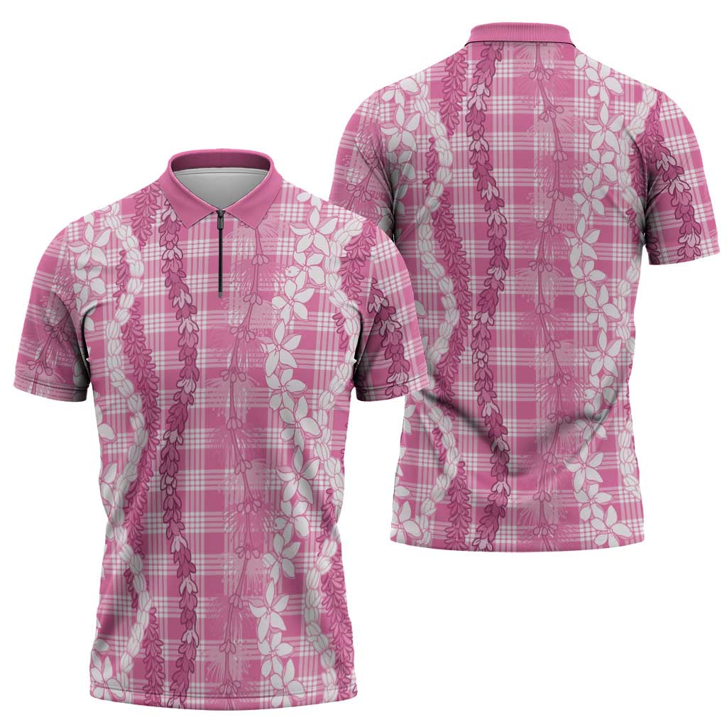 Hawaiian Ohia Lehua Lei Zipper Polo Shirt Plaid Palaka Akala Pattern - Polynesian Pride
