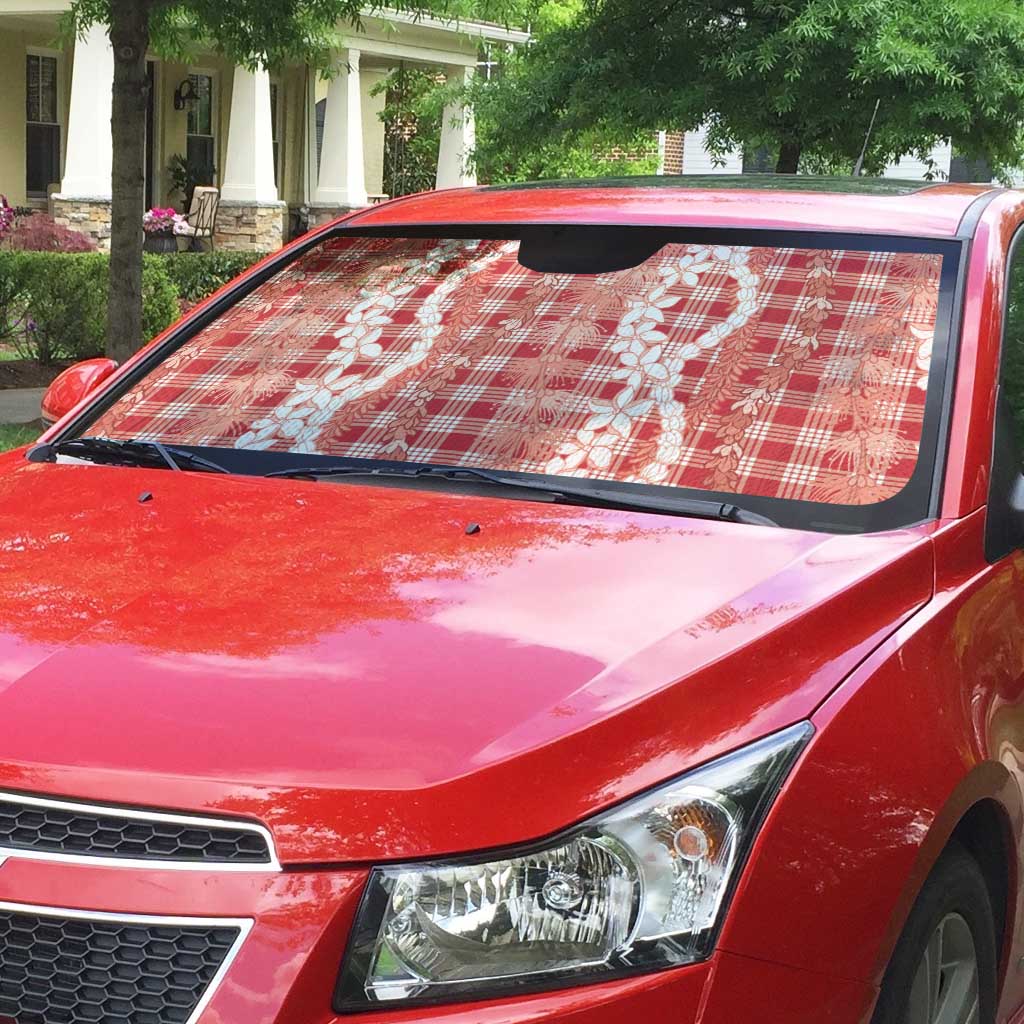 Hawaiian Ohia Lehua Lei Auto Sun Shade Plaid Palaka Ulaula Pattern - Polynesian Pride