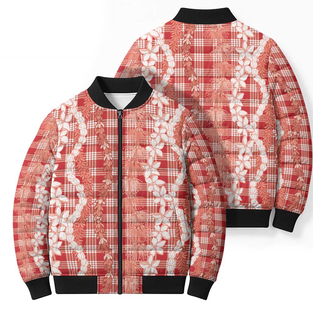 Hawaiian Ohia Lehua Lei Bomber Puffer Jacket Plaid Palaka Ulaula Pattern - Polynesian Pride
