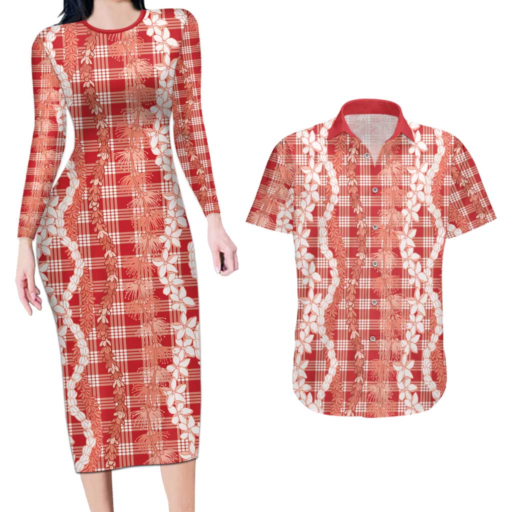 Hawaiian Ohia Lehua Lei Couples Matching Long Sleeve Bodycon Dress and Hawaiian Shirt Plaid Palaka Ulaula Pattern - Polynesian Pride