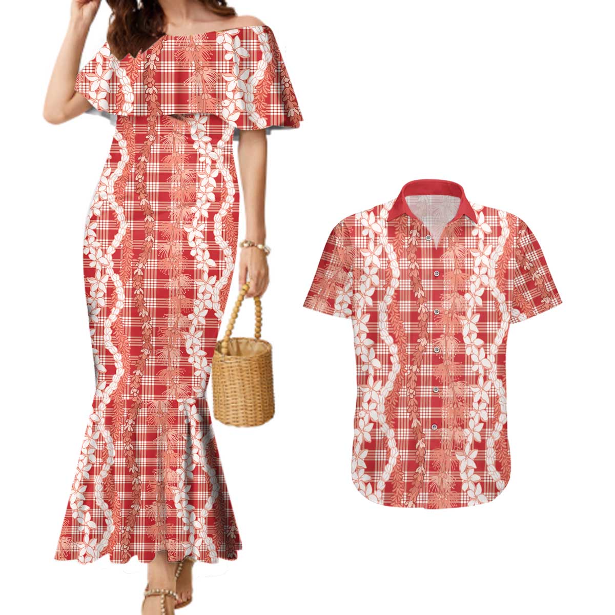 Hawaiian Ohia Lehua Lei Couples Matching Mermaid Dress and Hawaiian Shirt Plaid Palaka Ulaula Pattern - Polynesian Pride