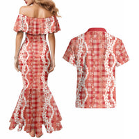 Hawaiian Ohia Lehua Lei Couples Matching Mermaid Dress and Hawaiian Shirt Plaid Palaka Ulaula Pattern - Polynesian Pride