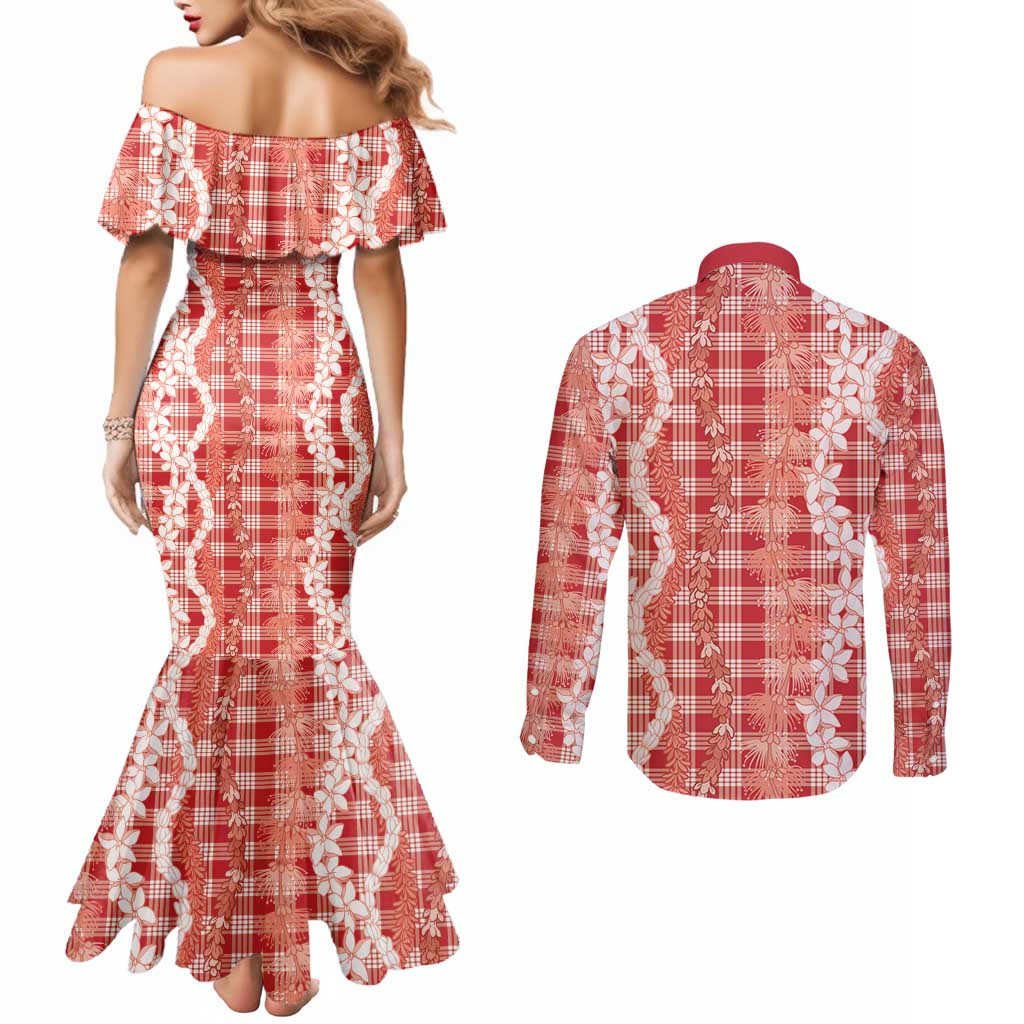 Hawaiian Ohia Lehua Lei Couples Matching Mermaid Dress and Long Sleeve Button Shirt Plaid Palaka Ulaula Pattern - Polynesian Pride