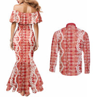 Hawaiian Ohia Lehua Lei Couples Matching Mermaid Dress and Long Sleeve Button Shirt Plaid Palaka Ulaula Pattern - Polynesian Pride