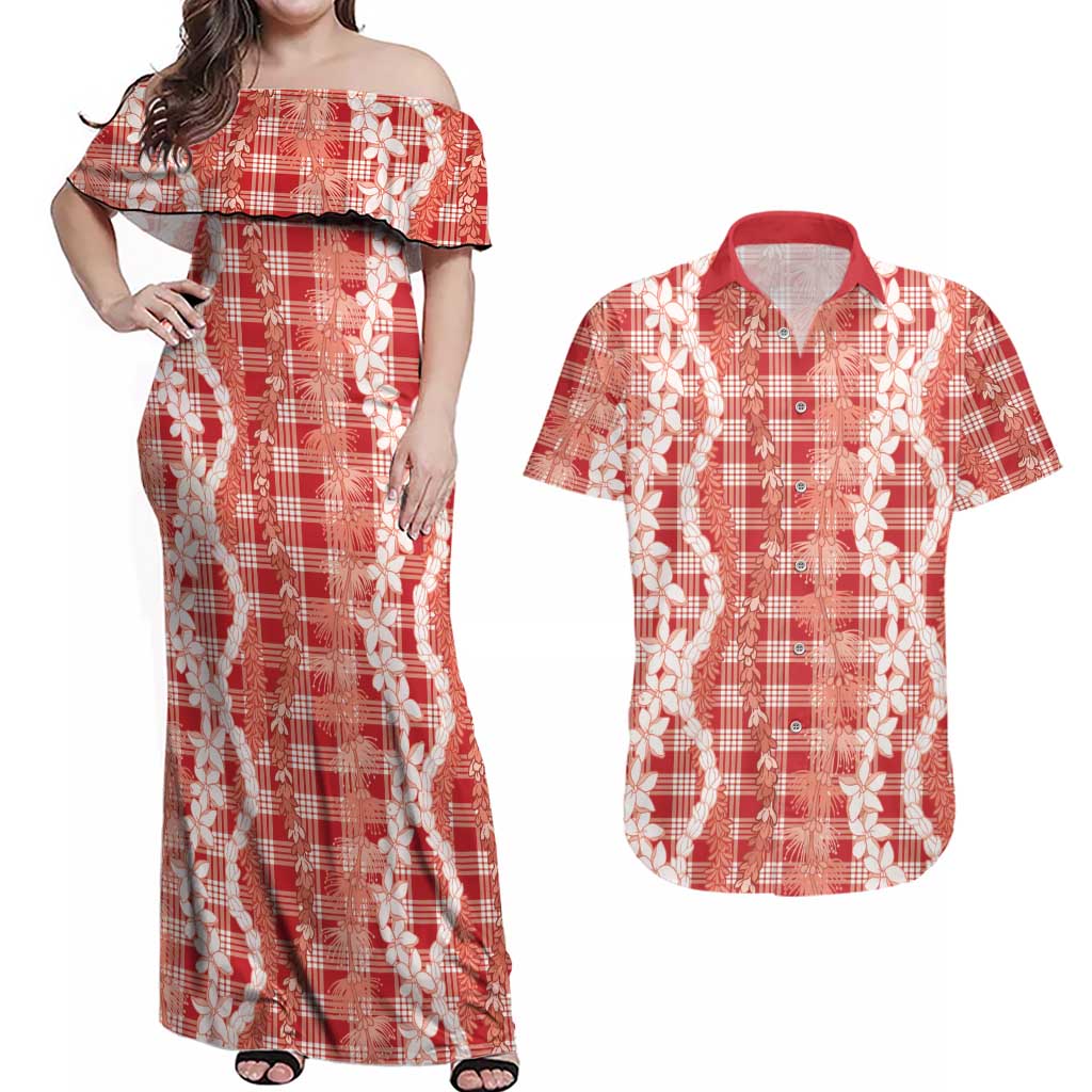 Hawaiian Ohia Lehua Lei Couples Matching Off Shoulder Maxi Dress and Hawaiian Shirt Plaid Palaka Ulaula Pattern - Polynesian Pride