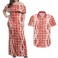 Hawaiian Ohia Lehua Lei Couples Matching Off Shoulder Maxi Dress and Hawaiian Shirt Plaid Palaka Ulaula Pattern - Polynesian Pride