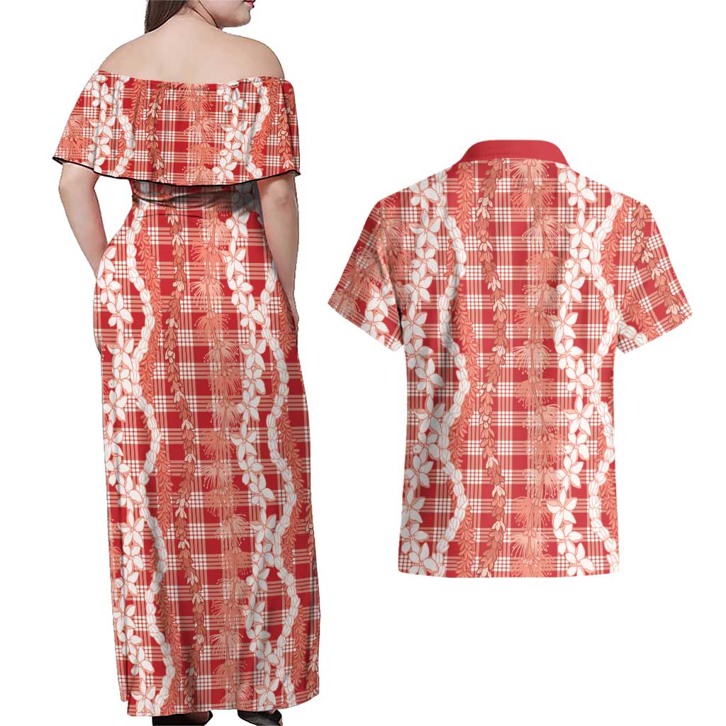 Hawaiian Ohia Lehua Lei Couples Matching Off Shoulder Maxi Dress and Hawaiian Shirt Plaid Palaka Ulaula Pattern - Polynesian Pride