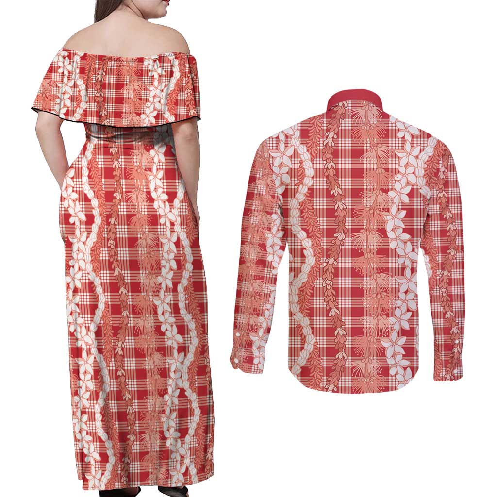 Hawaiian Ohia Lehua Lei Couples Matching Off Shoulder Maxi Dress and Long Sleeve Button Shirt Plaid Palaka Ulaula Pattern - Polynesian Pride