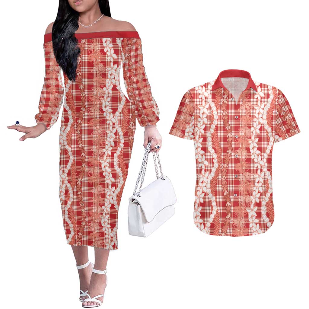 Hawaiian Ohia Lehua Lei Couples Matching Off The Shoulder Long Sleeve Dress and Hawaiian Shirt Plaid Palaka Ulaula Pattern - Polynesian Pride