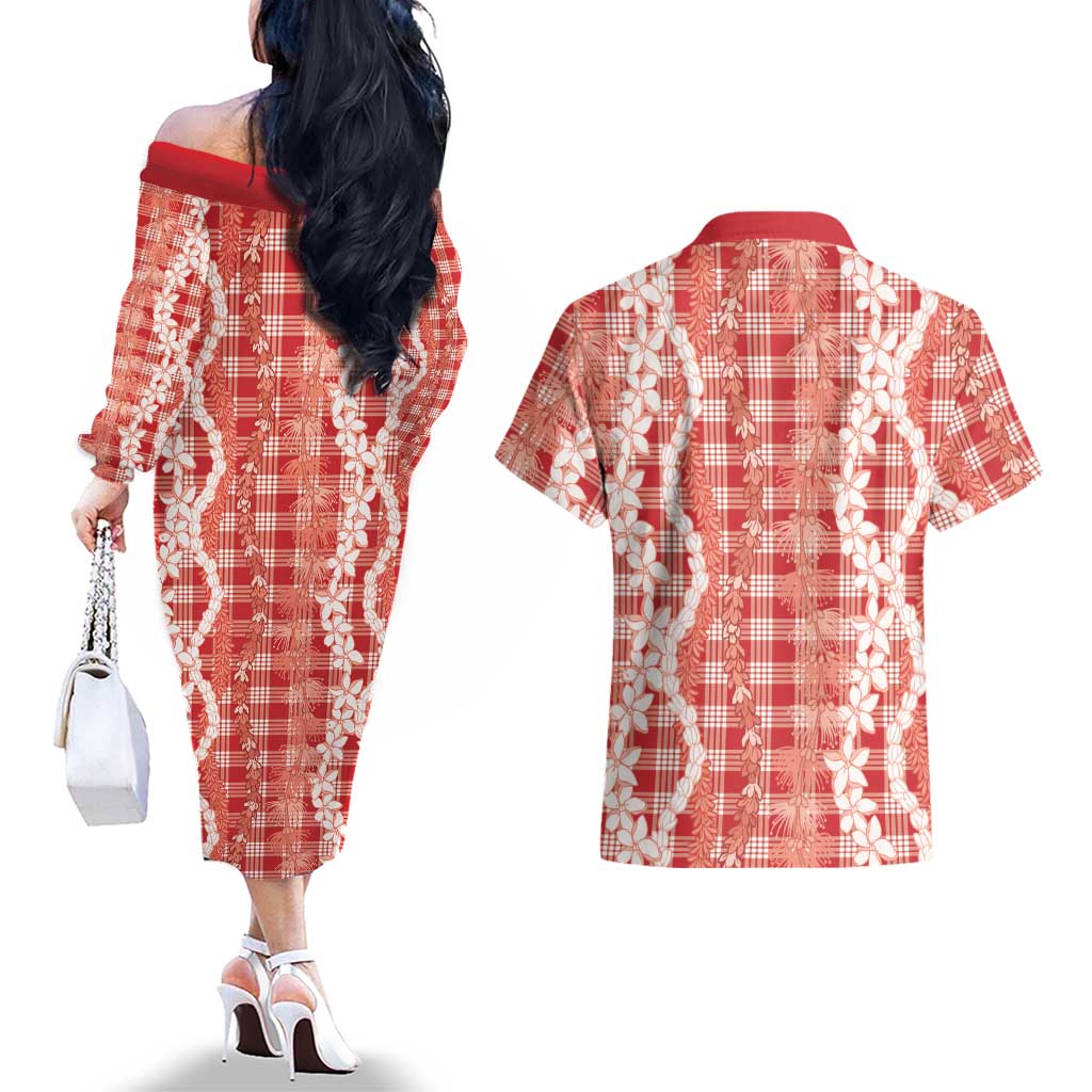 Hawaiian Ohia Lehua Lei Couples Matching Off The Shoulder Long Sleeve Dress and Hawaiian Shirt Plaid Palaka Ulaula Pattern - Polynesian Pride