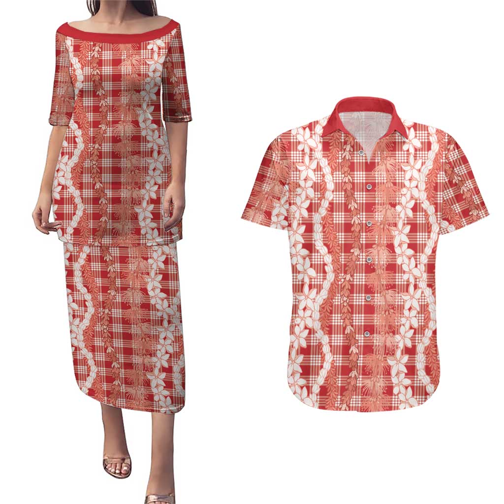 Hawaiian Ohia Lehua Lei Couples Matching Puletasi and Hawaiian Shirt Plaid Palaka Ulaula Pattern - Polynesian Pride