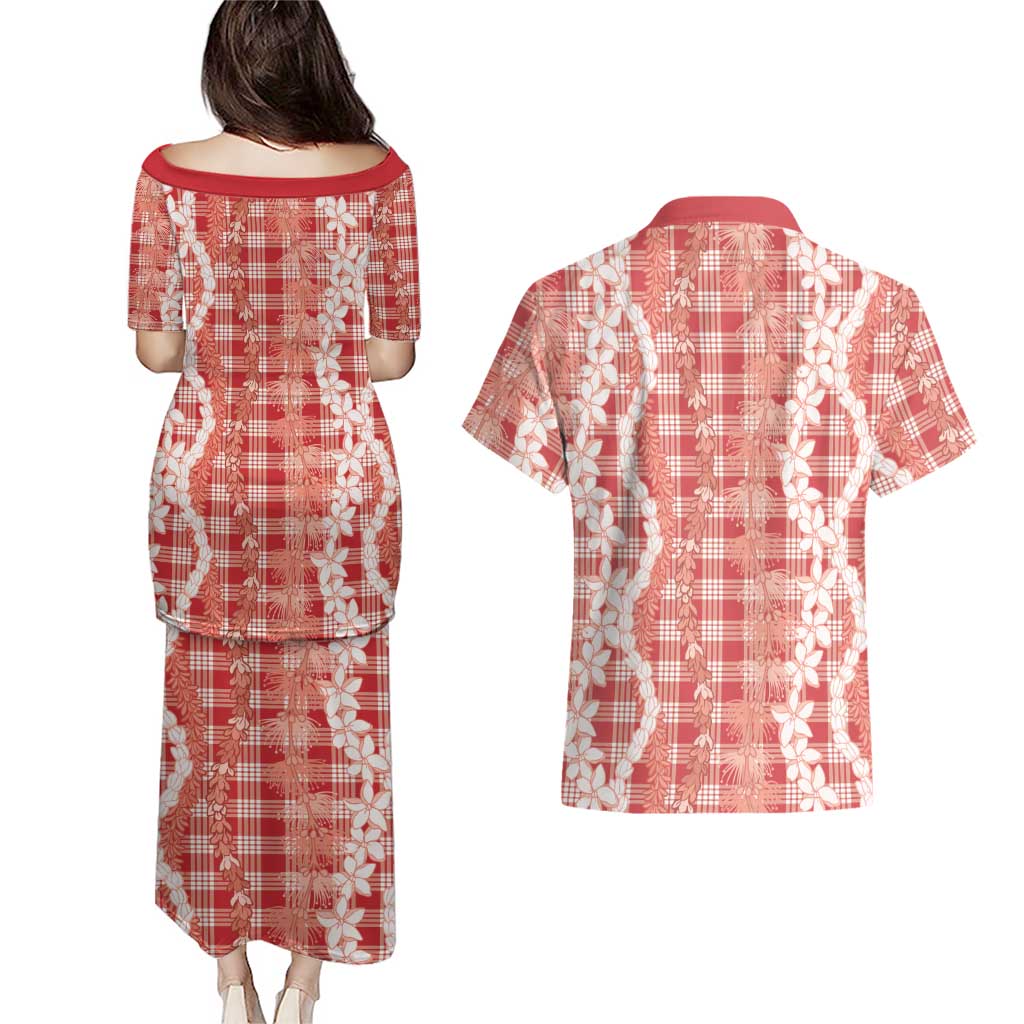Hawaiian Ohia Lehua Lei Couples Matching Puletasi and Hawaiian Shirt Plaid Palaka Ulaula Pattern - Polynesian Pride