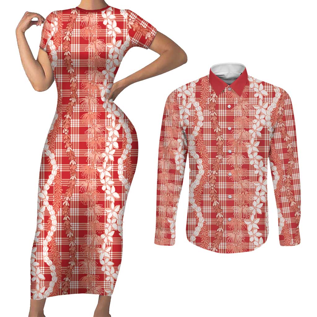 Hawaiian Ohia Lehua Lei Couples Matching Short Sleeve Bodycon Dress and Long Sleeve Button Shirt Plaid Palaka Ulaula Pattern - Polynesian Pride