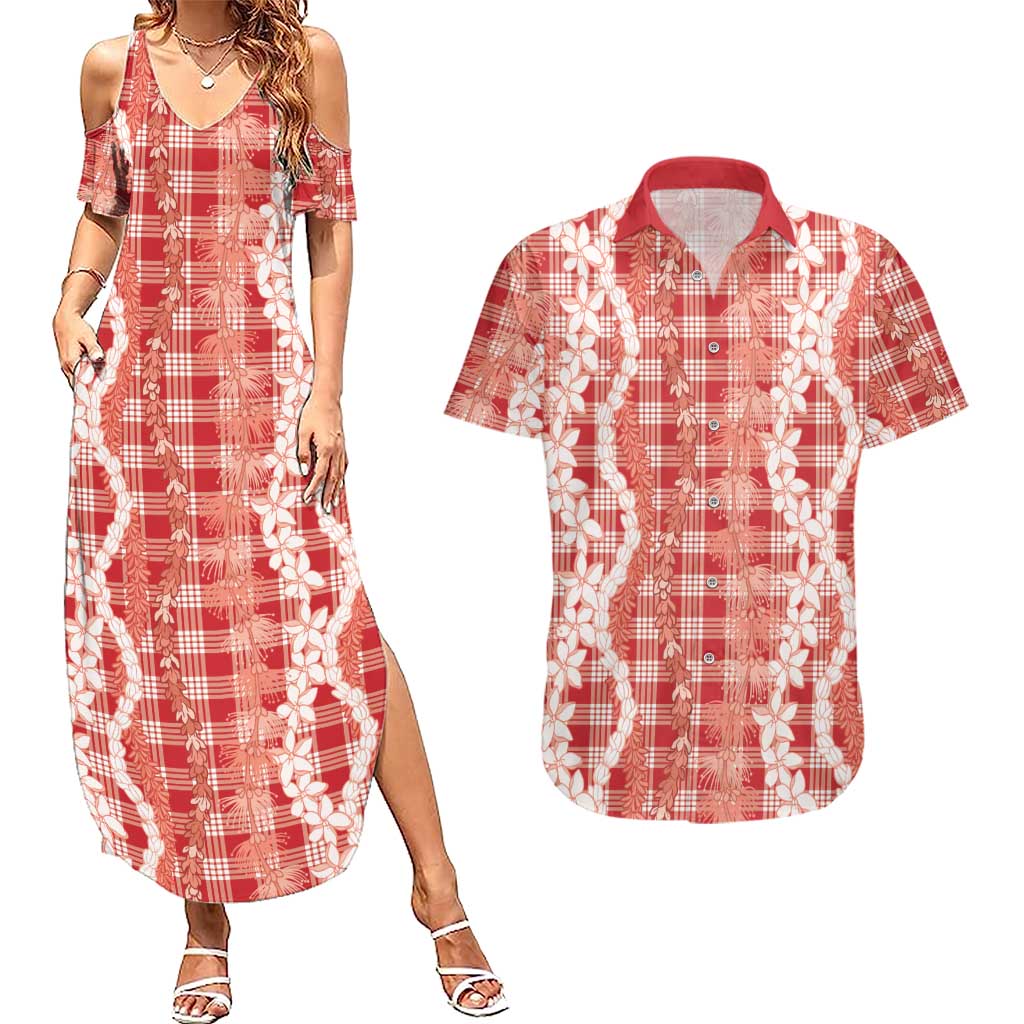Hawaiian Ohia Lehua Lei Couples Matching Summer Maxi Dress and Hawaiian Shirt Plaid Palaka Ulaula Pattern LT9 Red - Polynesian Pride
