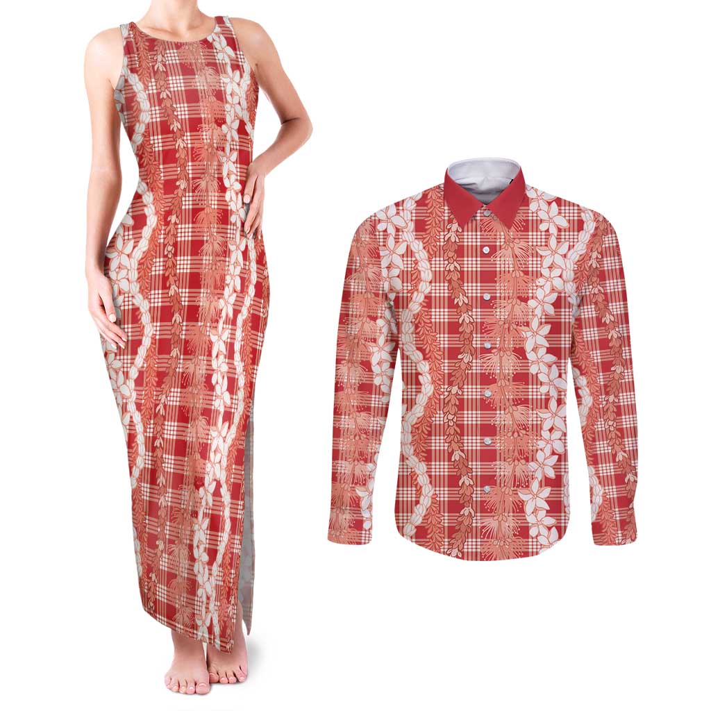 Hawaiian Ohia Lehua Lei Couples Matching Tank Maxi Dress and Long Sleeve Button Shirt Plaid Palaka Ulaula Pattern - Polynesian Pride