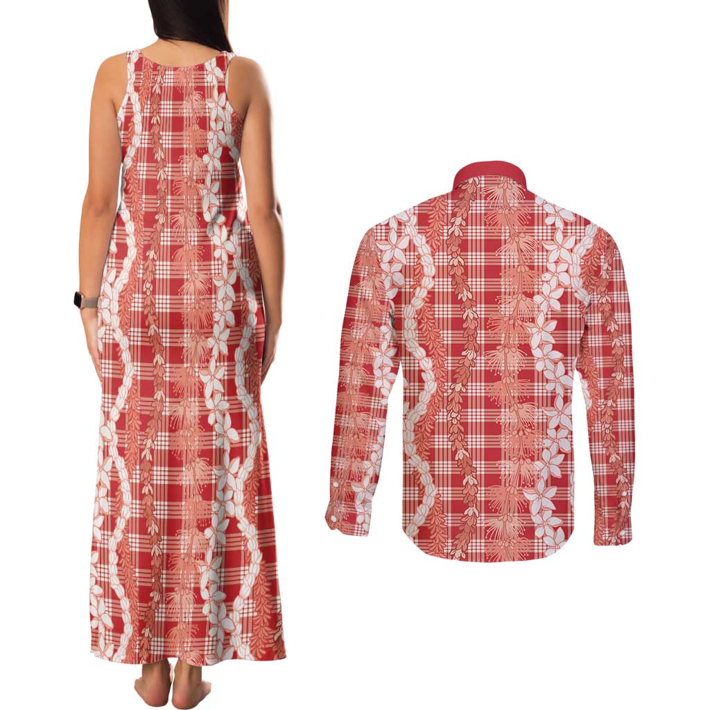 Hawaiian Ohia Lehua Lei Couples Matching Tank Maxi Dress and Long Sleeve Button Shirt Plaid Palaka Ulaula Pattern - Polynesian Pride