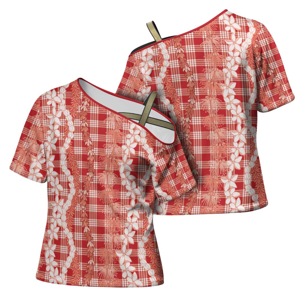Hawaiian Ohia Lehua Lei Cross Shoulder Shirt Plaid Palaka Ulaula Pattern - Polynesian Pride