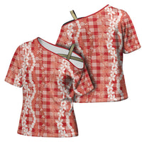 Hawaiian Ohia Lehua Lei Cross Shoulder Shirt Plaid Palaka Ulaula Pattern - Polynesian Pride