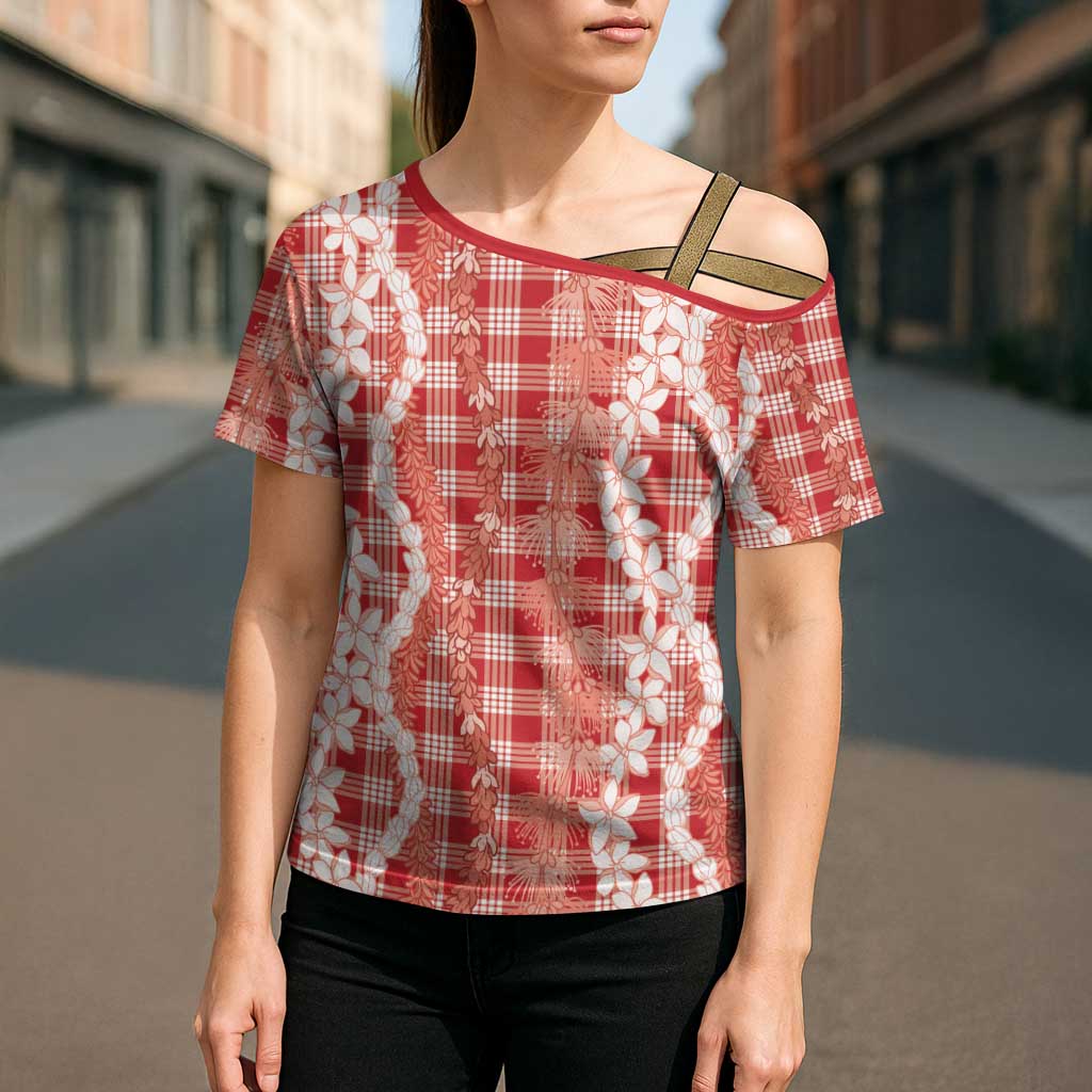Hawaiian Ohia Lehua Lei Cross Shoulder Shirt Plaid Palaka Ulaula Pattern - Polynesian Pride