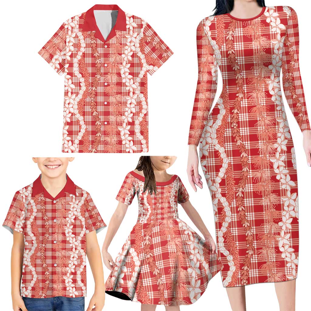 Hawaiian Ohia Lehua Lei Family Matching Long Sleeve Bodycon Dress and Hawaiian Shirt Plaid Palaka Ulaula Pattern - Polynesian Pride