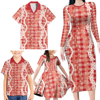 Hawaiian Ohia Lehua Lei Family Matching Long Sleeve Bodycon Dress and Hawaiian Shirt Plaid Palaka Ulaula Pattern LT9 - Polynesian Pride