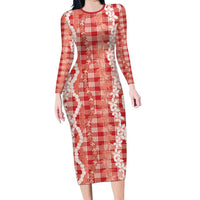 Hawaiian Ohia Lehua Lei Family Matching Long Sleeve Bodycon Dress and Hawaiian Shirt Plaid Palaka Ulaula Pattern LT9 Red - Polynesian Pride