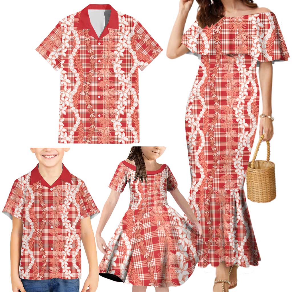 Hawaiian Ohia Lehua Lei Family Matching Mermaid Dress and Hawaiian Shirt Plaid Palaka Ulaula Pattern LT9 - Polynesian Pride