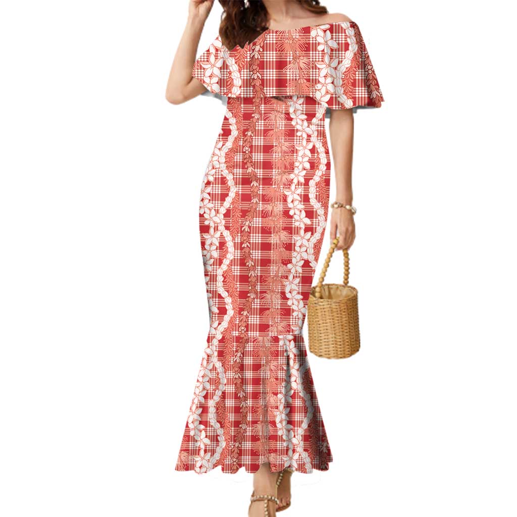 Hawaiian Ohia Lehua Lei Family Matching Mermaid Dress and Hawaiian Shirt Plaid Palaka Ulaula Pattern LT9 Red - Polynesian Pride