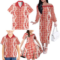 Hawaiian Ohia Lehua Lei Family Matching Off The Shoulder Long Sleeve Dress and Hawaiian Shirt Plaid Palaka Ulaula Pattern LT9 - Polynesian Pride