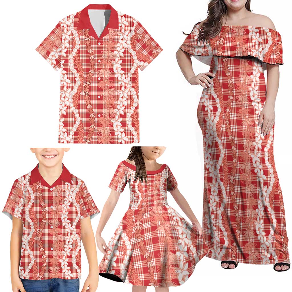 Hawaiian Ohia Lehua Lei Family Matching Off Shoulder Maxi Dress and Hawaiian Shirt Plaid Palaka Ulaula Pattern LT9 - Polynesian Pride