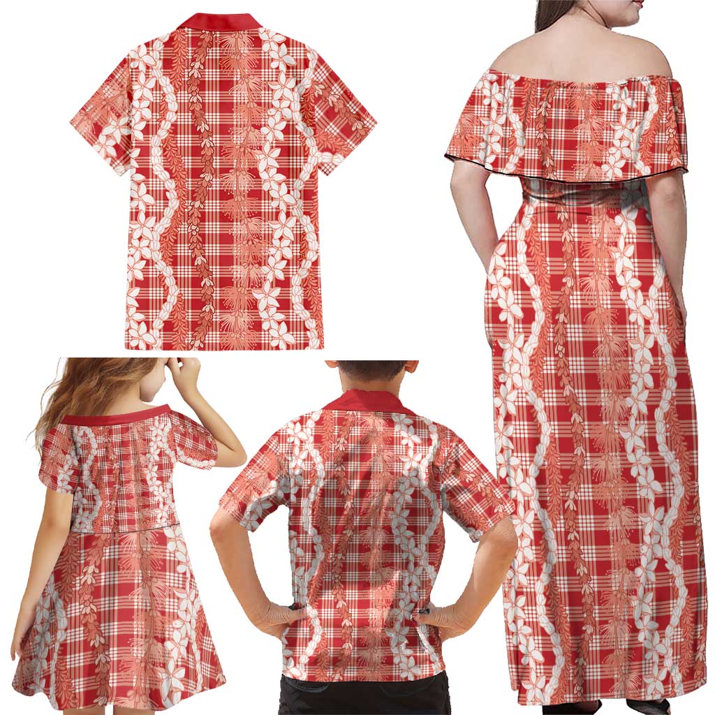 Hawaiian Ohia Lehua Lei Family Matching Off Shoulder Maxi Dress and Hawaiian Shirt Plaid Palaka Ulaula Pattern LT9 - Polynesian Pride