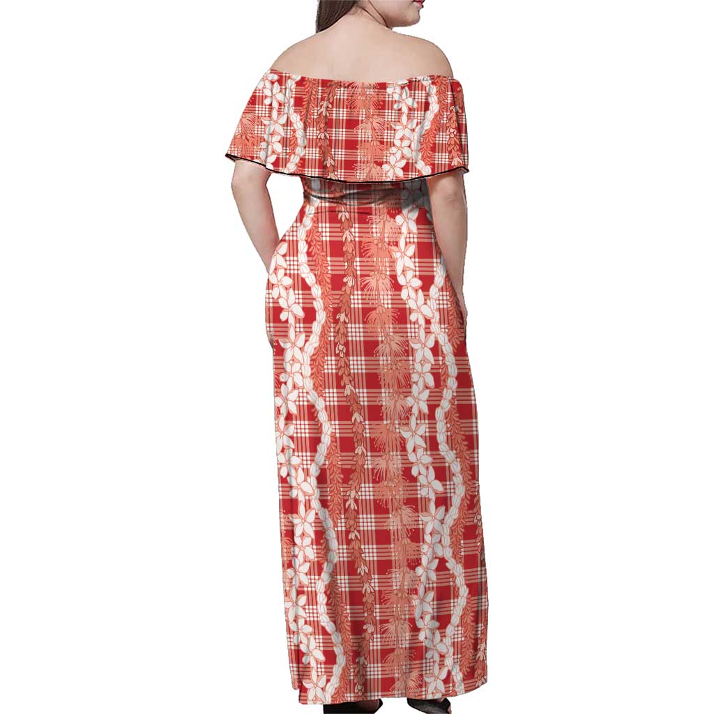 Hawaiian Ohia Lehua Lei Family Matching Off Shoulder Maxi Dress and Hawaiian Shirt Plaid Palaka Ulaula Pattern LT9 - Polynesian Pride