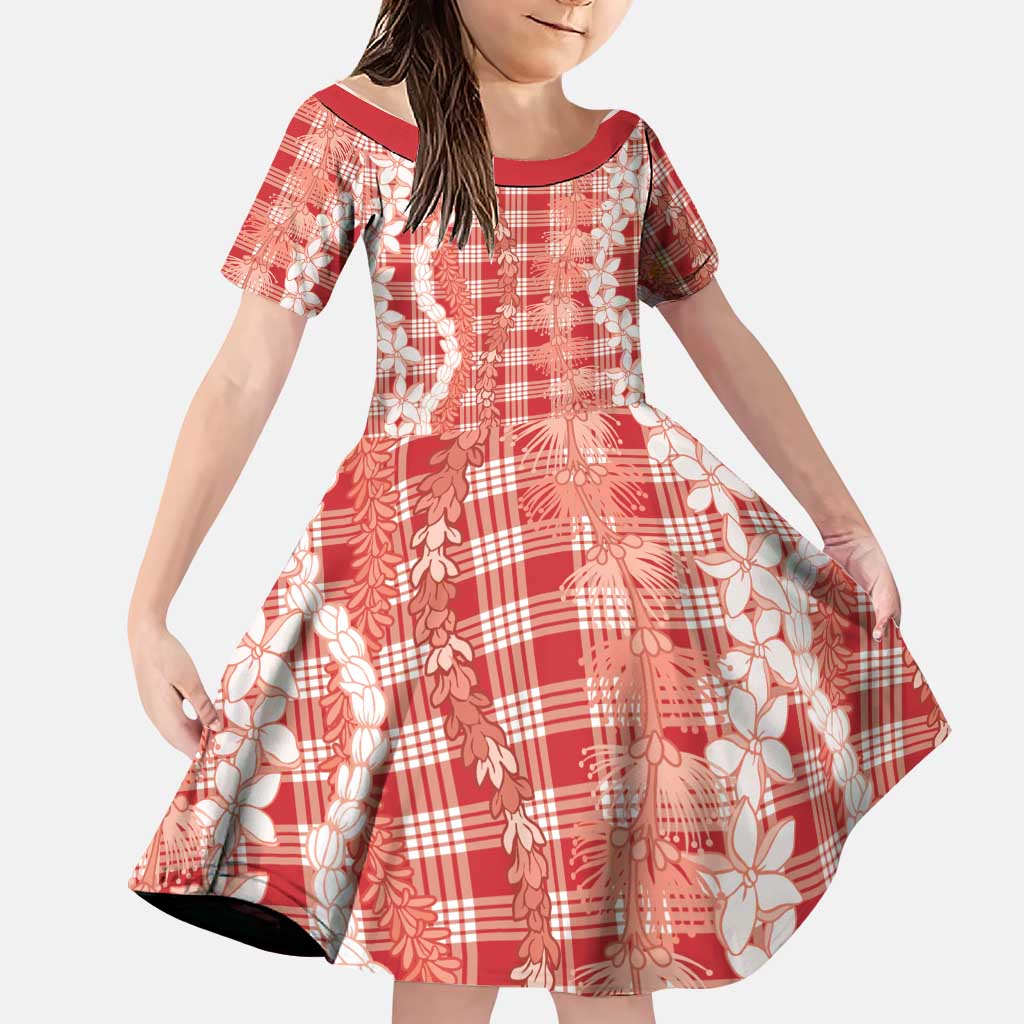 Hawaiian Ohia Lehua Lei Family Matching Off Shoulder Short Dress and Hawaiian Shirt Plaid Palaka Ulaula Pattern LT9 Daughter's Dress Red - Polynesian Pride
