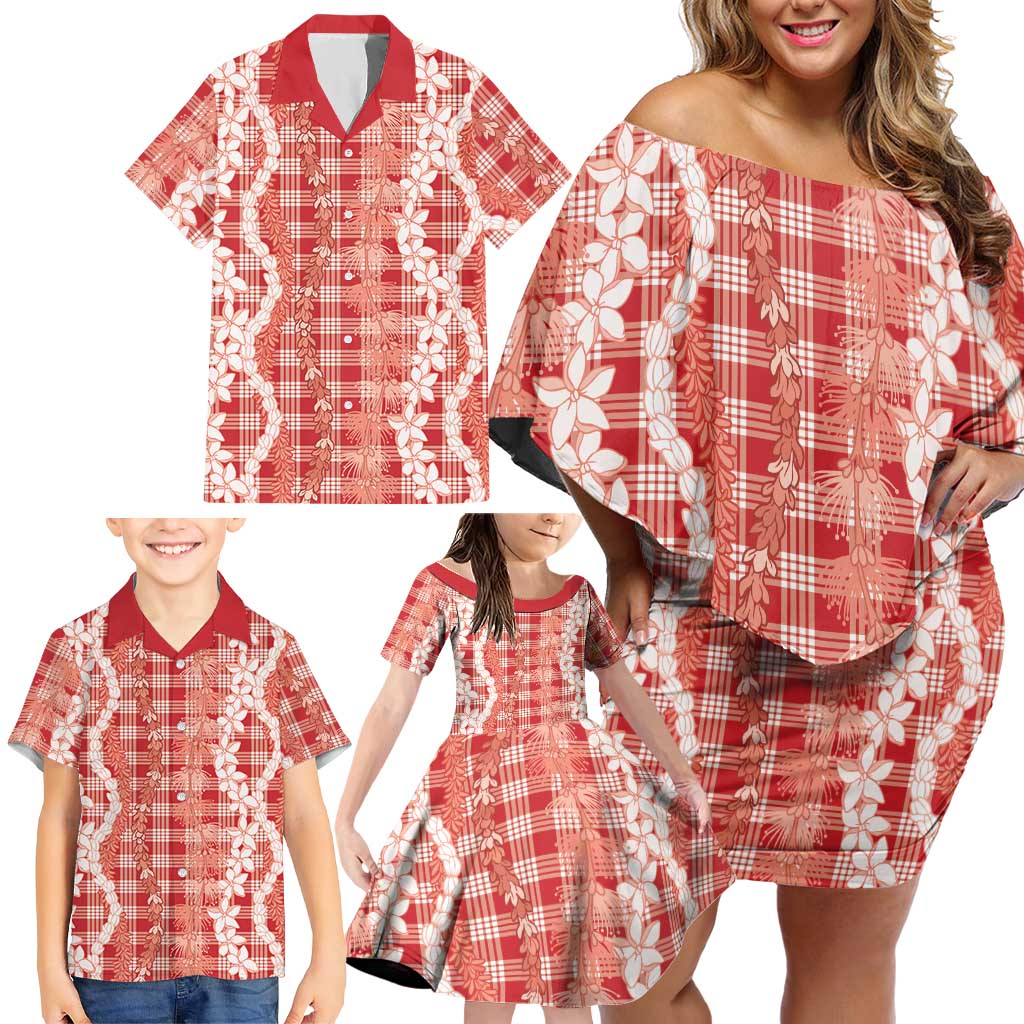 Hawaiian Ohia Lehua Lei Family Matching Off Shoulder Short Dress and Hawaiian Shirt Plaid Palaka Ulaula Pattern LT9 - Polynesian Pride