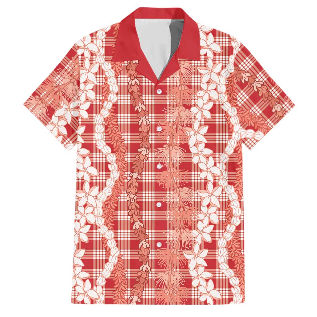 Hawaiian Ohia Lehua Lei Family Matching Off Shoulder Short Dress and Hawaiian Shirt Plaid Palaka Ulaula Pattern LT9 Dad's Shirt - Short Sleeve Red - Polynesian Pride