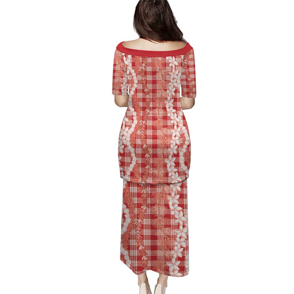 Hawaiian Ohia Lehua Lei Family Matching Puletasi and Hawaiian Shirt Plaid Palaka Ulaula Pattern - Polynesian Pride