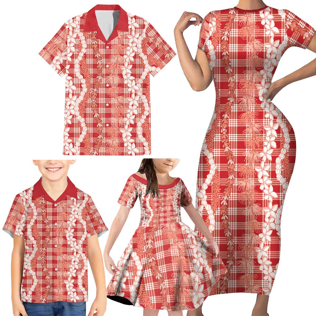 Hawaiian Ohia Lehua Lei Family Matching Short Sleeve Bodycon Dress and Hawaiian Shirt Plaid Palaka Ulaula Pattern LT9 - Polynesian Pride