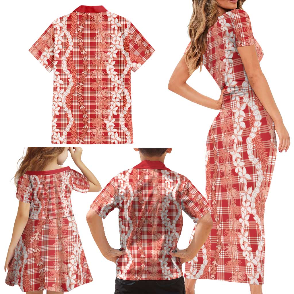 Hawaiian Ohia Lehua Lei Family Matching Short Sleeve Bodycon Dress and Hawaiian Shirt Plaid Palaka Ulaula Pattern LT9 - Polynesian Pride