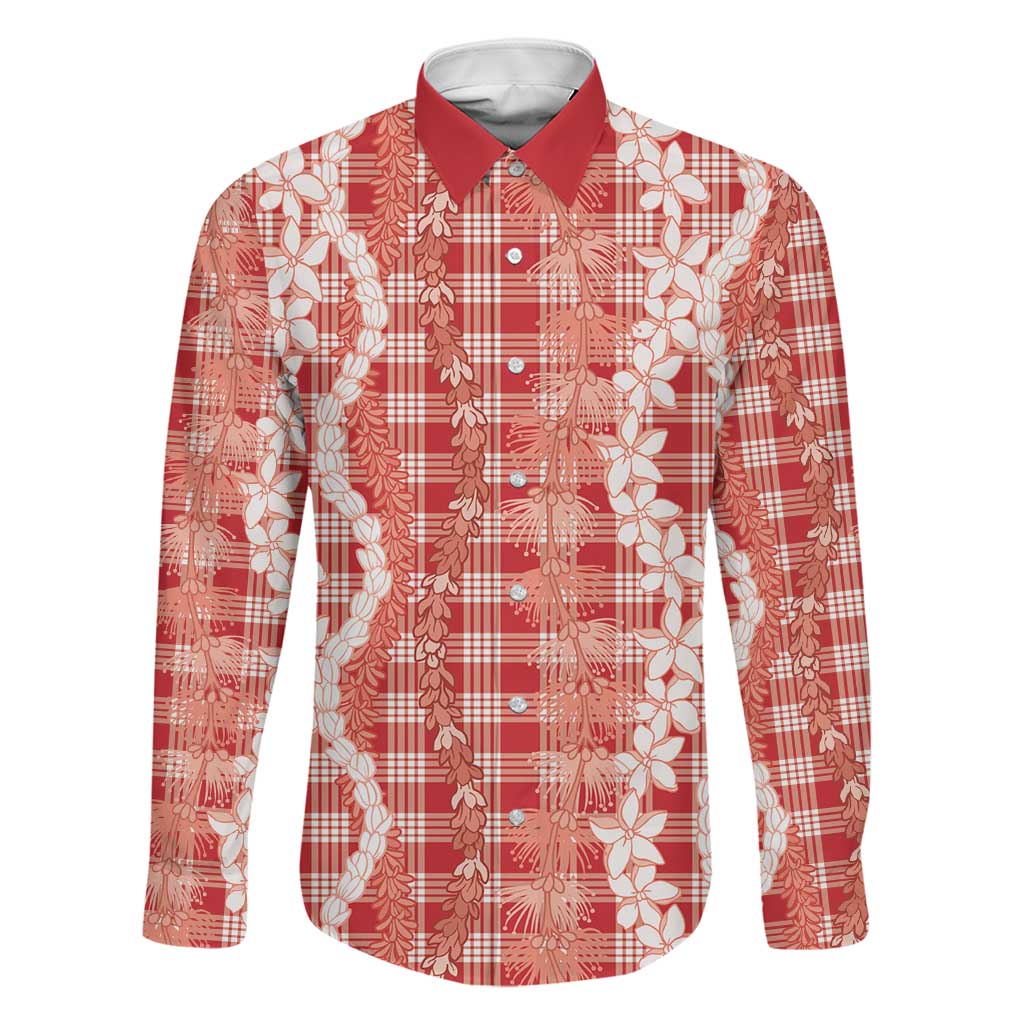 Hawaiian Ohia Lehua Lei Family Matching Summer Maxi Dress and Hawaiian Shirt Plaid Palaka Ulaula Pattern LT9 Dad's Shirt - Long Sleeve Red - Polynesian Pride