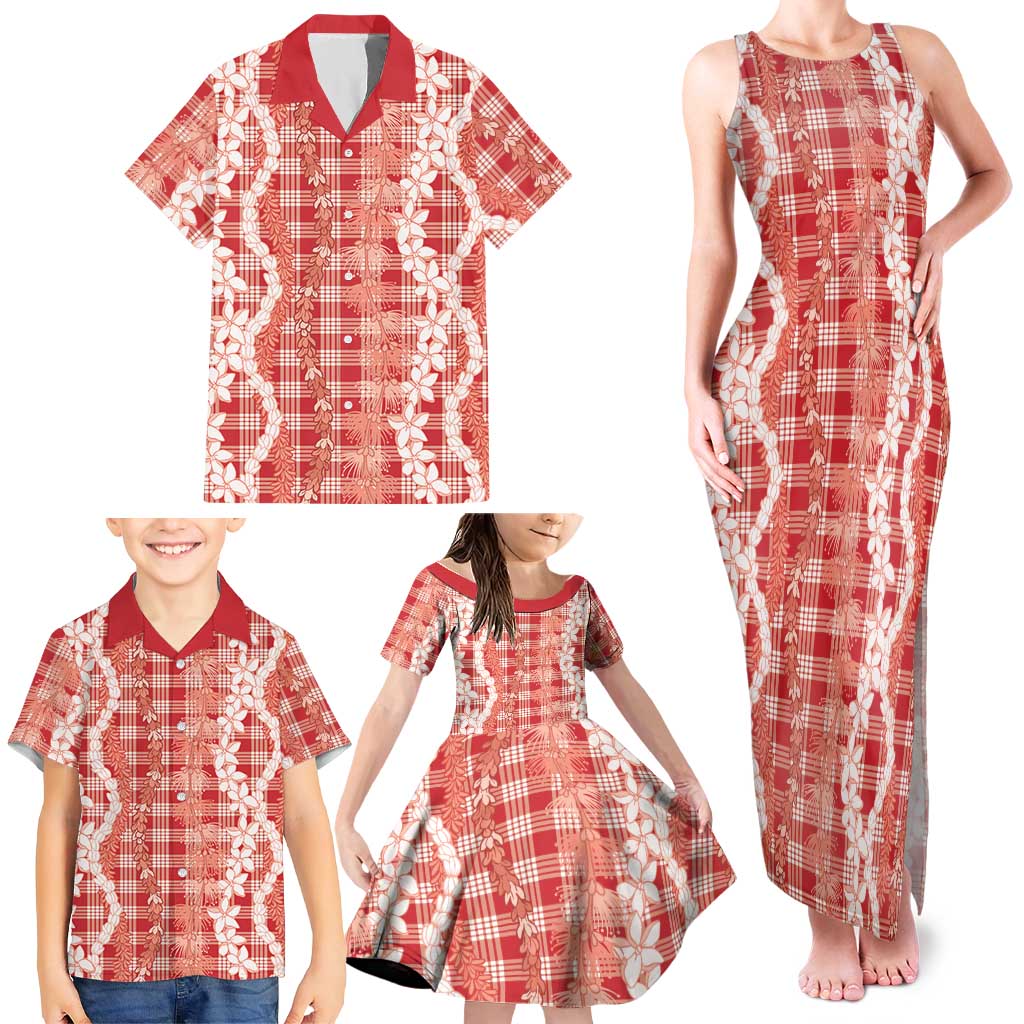 Hawaiian Ohia Lehua Lei Family Matching Tank Maxi Dress and Hawaiian Shirt Plaid Palaka Ulaula Pattern LT9 - Polynesian Pride
