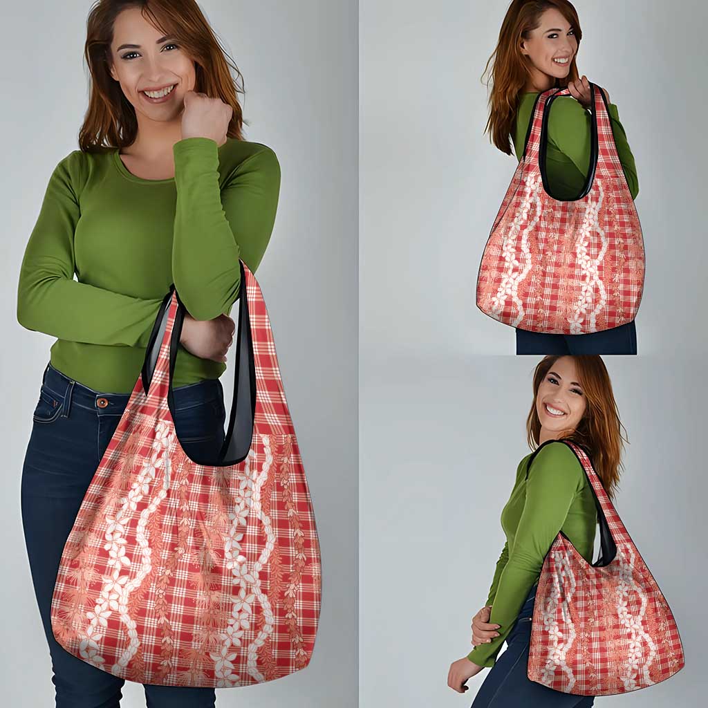 Hawaiian Ohia Lehua Lei Grocery Bag Plaid Palaka Ulaula Pattern - Polynesian Pride