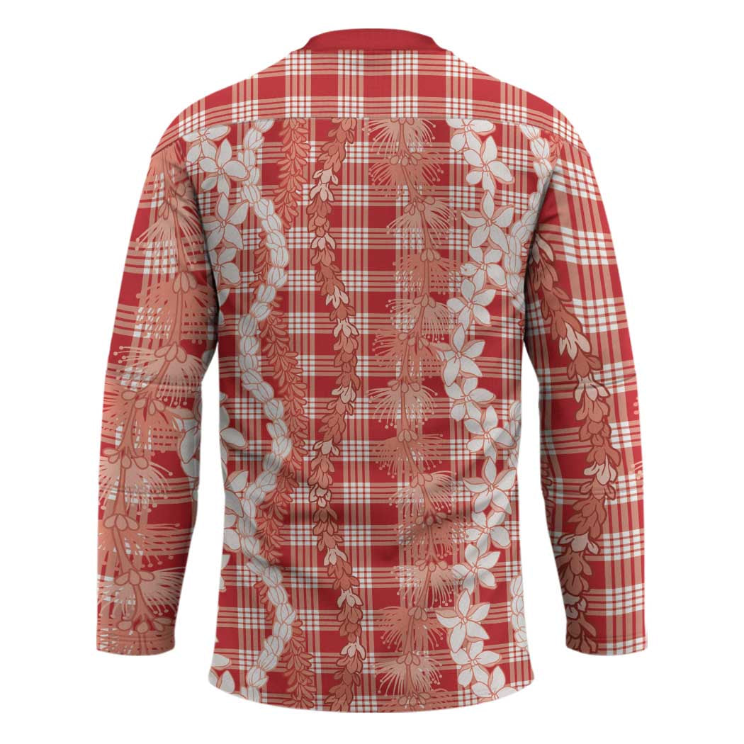 Hawaiian Ohia Lehua Lei Hockey Jersey Plaid Palaka Ulaula Pattern - Polynesian Pride